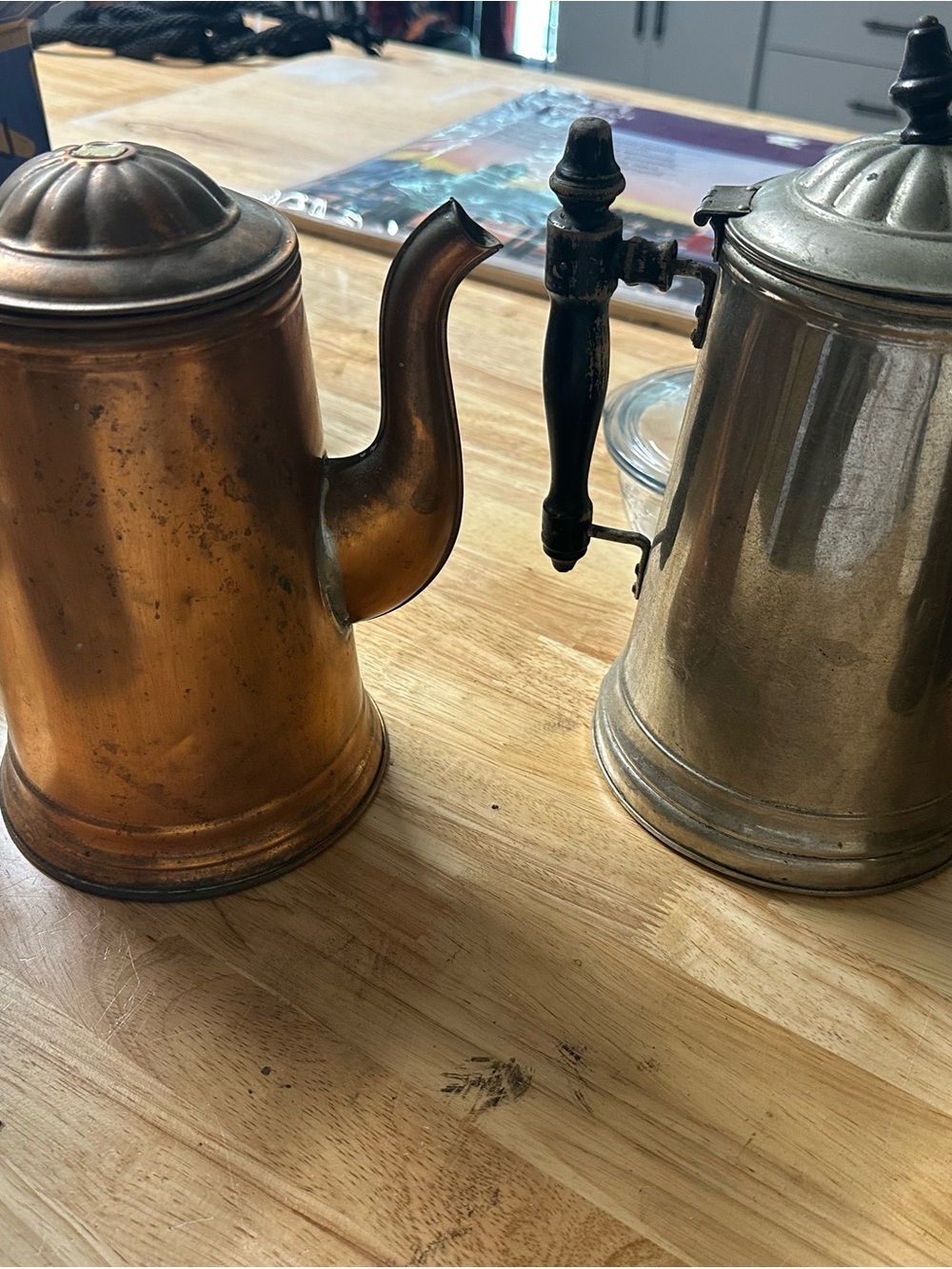 Vintage Antique Copper and Pewter Coffee Pots - Copper and Silver Cottage Core